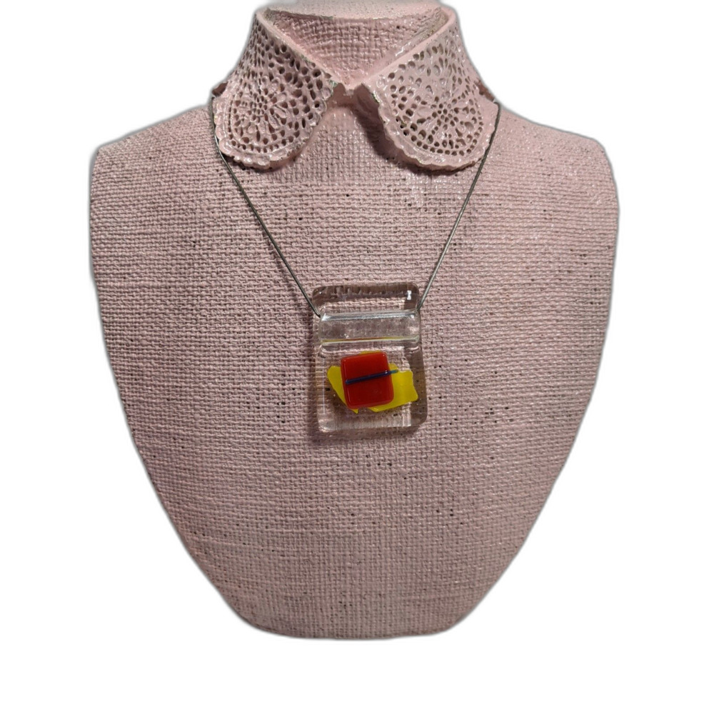 Artisan Fused Glass Pendant Silver Tone Chain Clear Red Yellow Minimalist Acubi